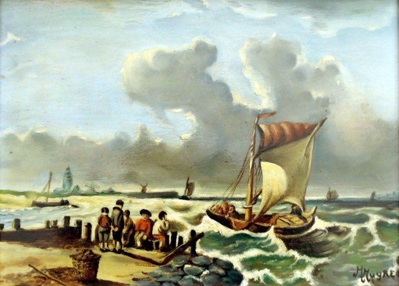 Markus Muyres+Nederlands+Olieverf+Schilderij+Zeegezicht+Mannen op golfbreker+Zeilboot in de wind+Golven+Wolken