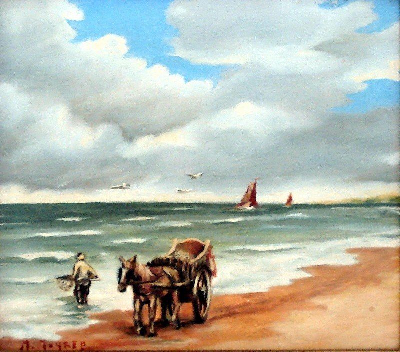 Markus Muyres+Nederlands+Olieverf+Schilderij+Zeegezicht+Schelpenvisser+Paard en wagen+Zeilboten+Meeuwen+Wolken