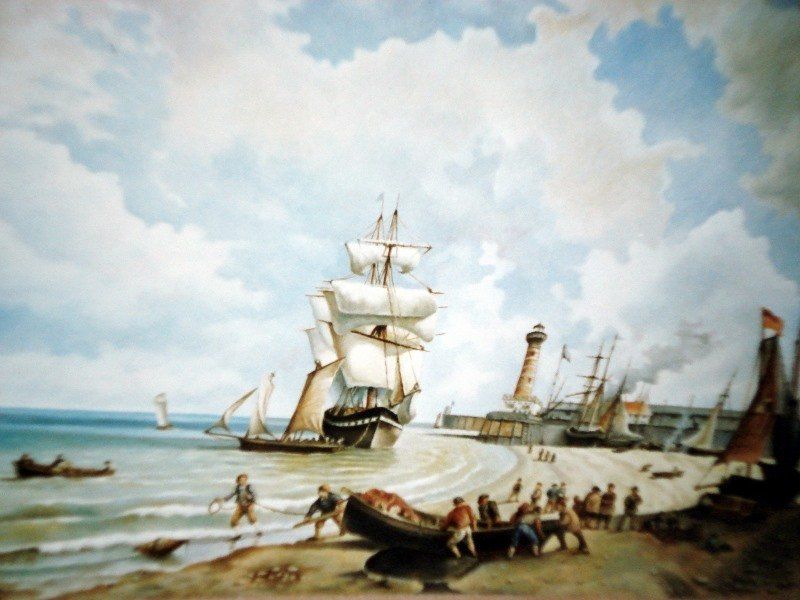 Markus Muyres+Nederlands+Olieverf+Schilderij+Zeegezicht+Tweemaster+Strand+Vissers+Boten+Vuurtoren+Wolken