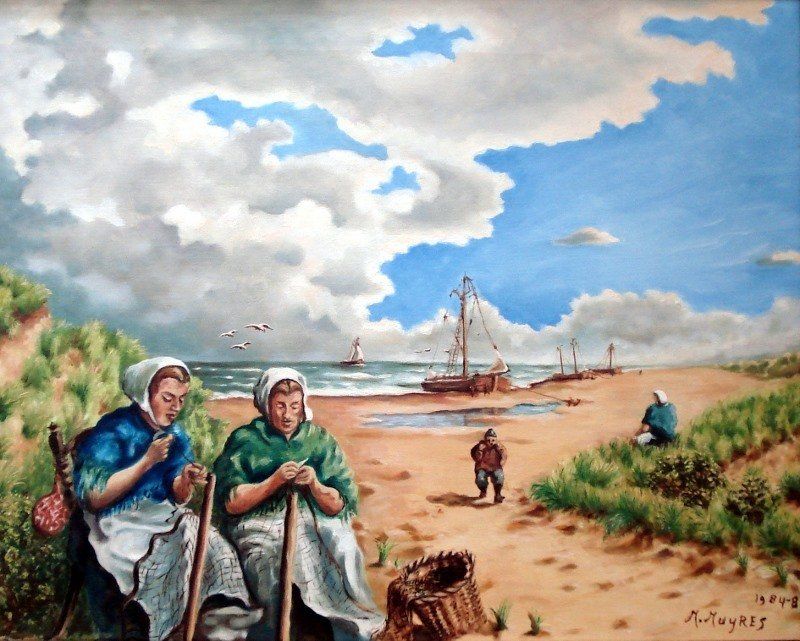 Markus Muyres+Nederlands+Olieverf+Schilderij+Zeegezicht+Strand+Duinen+Werkende vrouwen+Klederdracht+Zeilboten+Wolken