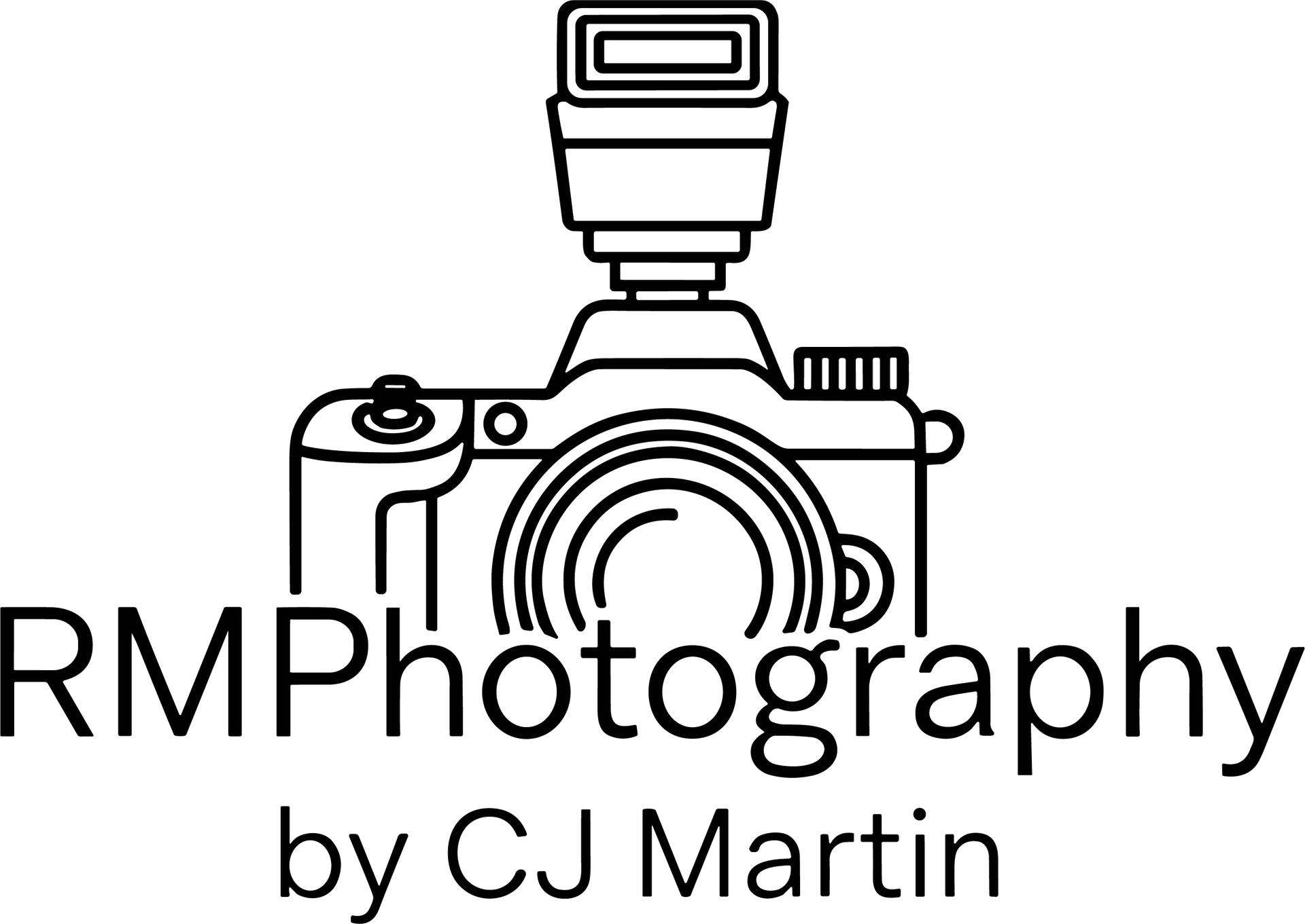 Line drawing of a camera with a flash, the text 