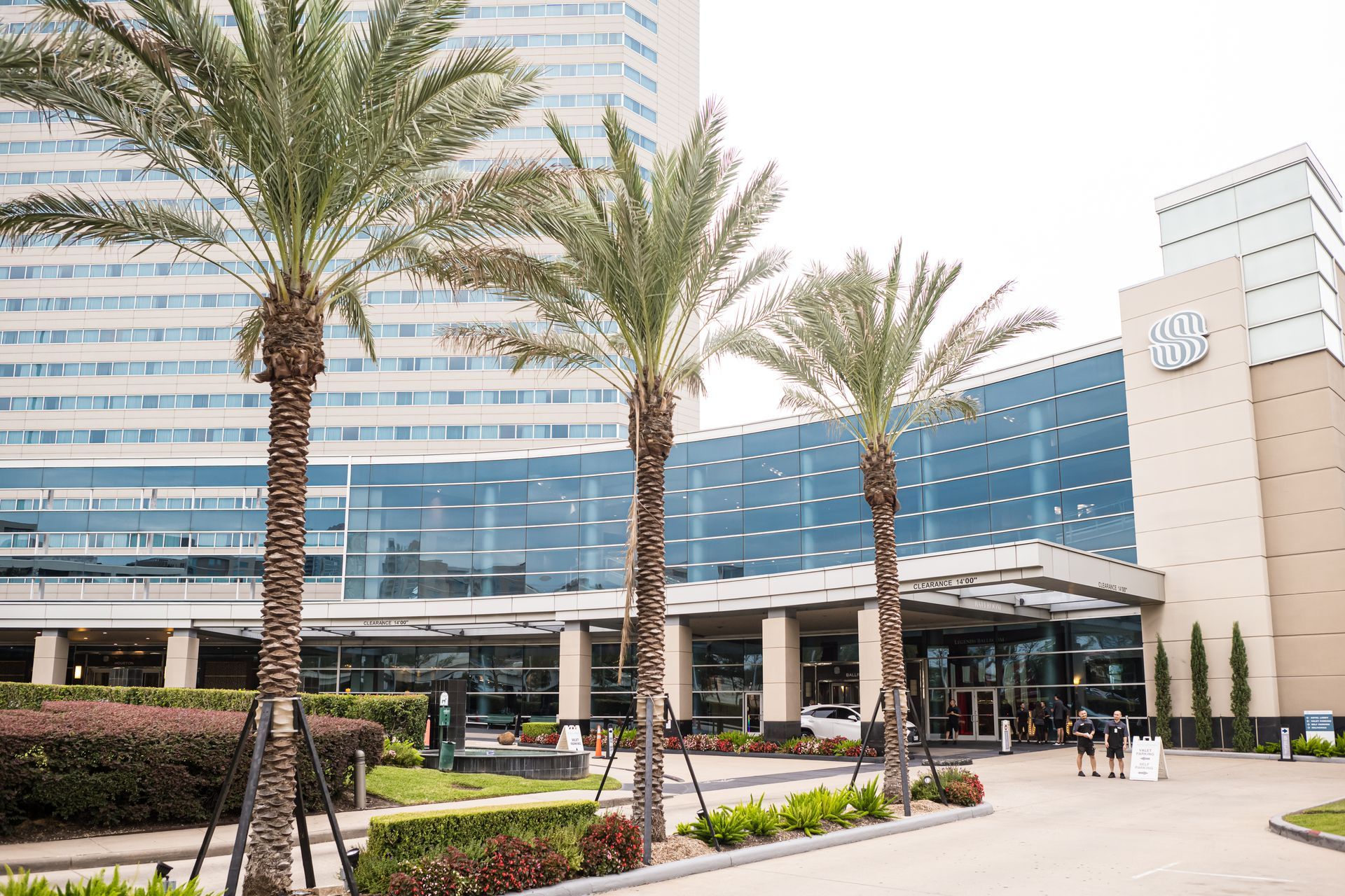 Exterior view of a modern building with glass windows, palm trees, and the 