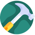 A hammer with a yellow handle is in a circle on a green background.