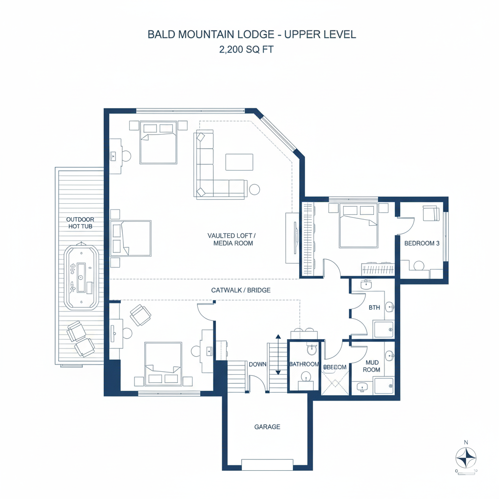 Upper-level floor plan with rooms outlined in dark blue on a white background