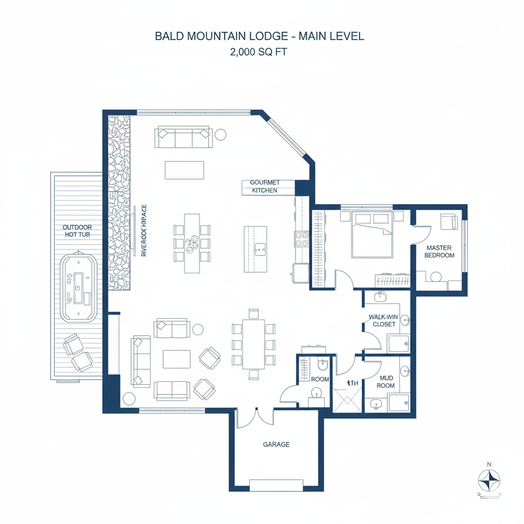Floor plan of a mountain lodge main level with labeled rooms and furniture layout.