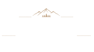 Minimal gold mountain logo with trees centered on a white background and thin horizontal lines on both sides