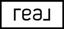 Black mirrored text reading “real” on a white background