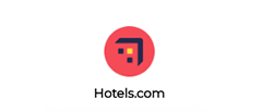 Hotels.com logo: Red circle with a geometric design. Below it is the text