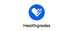Healthgrades logo: blue circle with white heart and lines; below,