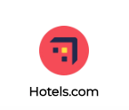 Hotels.com logo: a red circle with a stylized dark blue corner, yellow and orange squares.