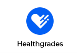 Healthgrades logo: blue circle with a white heart and motion lines.