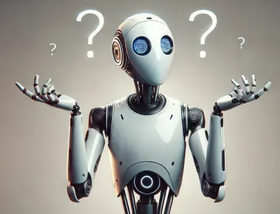 Robot with question marks above its head, shrugging with arms outstretched, showing confusion.