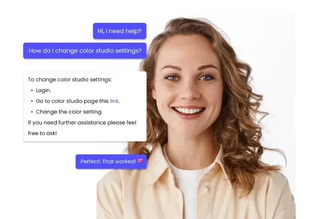 Woman smiling, with chatbot bubbles: