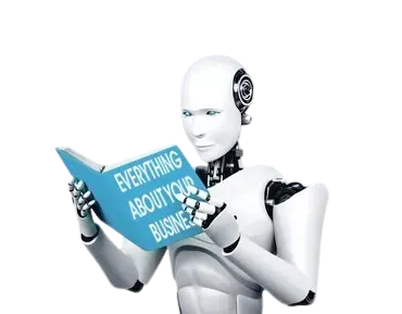 Robot reading a book titled