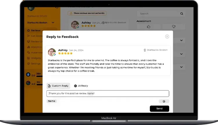 Laptop screen showing a review response with a text box for replying to a customer feedback.