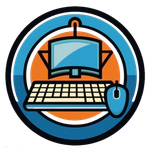 Round logo: computer monitor, keyboard, mouse, orange and blue accents.