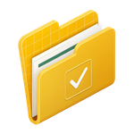 Yellow folder with checkmark icon, holding papers.