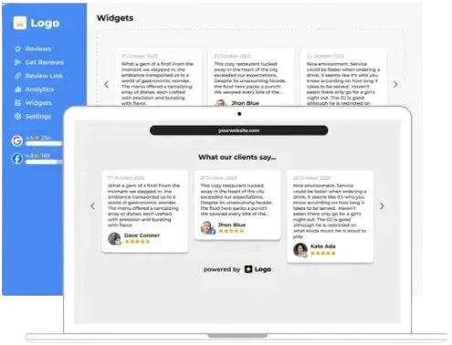 A laptop displaying customer reviews, with a blue sidebar menu on the left and review widgets in a website setting.