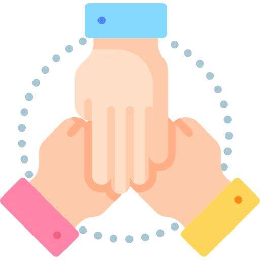 Three hands clasped together in a circle, representing teamwork, with a dotted circle surrounding them.