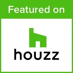 A white square containing the black "houzz" logo and its green "H" icon, topped with a green banner reading "Featured on".