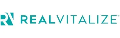 The teal logo for RealVitalize, featuring an icon of the letters "RV" next to the company name in a bold, sans-serif font.