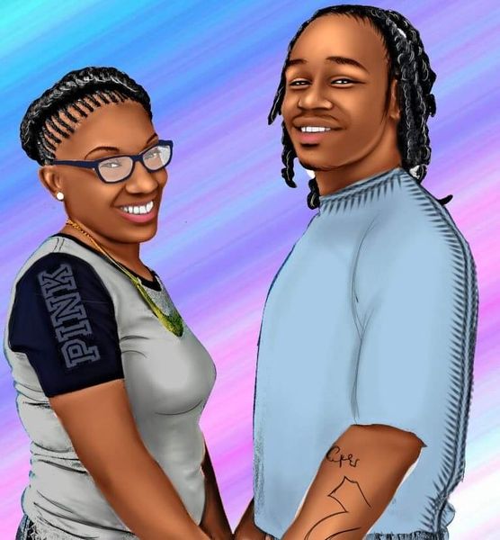 A drawing of a man and a woman with pink on their sleeves