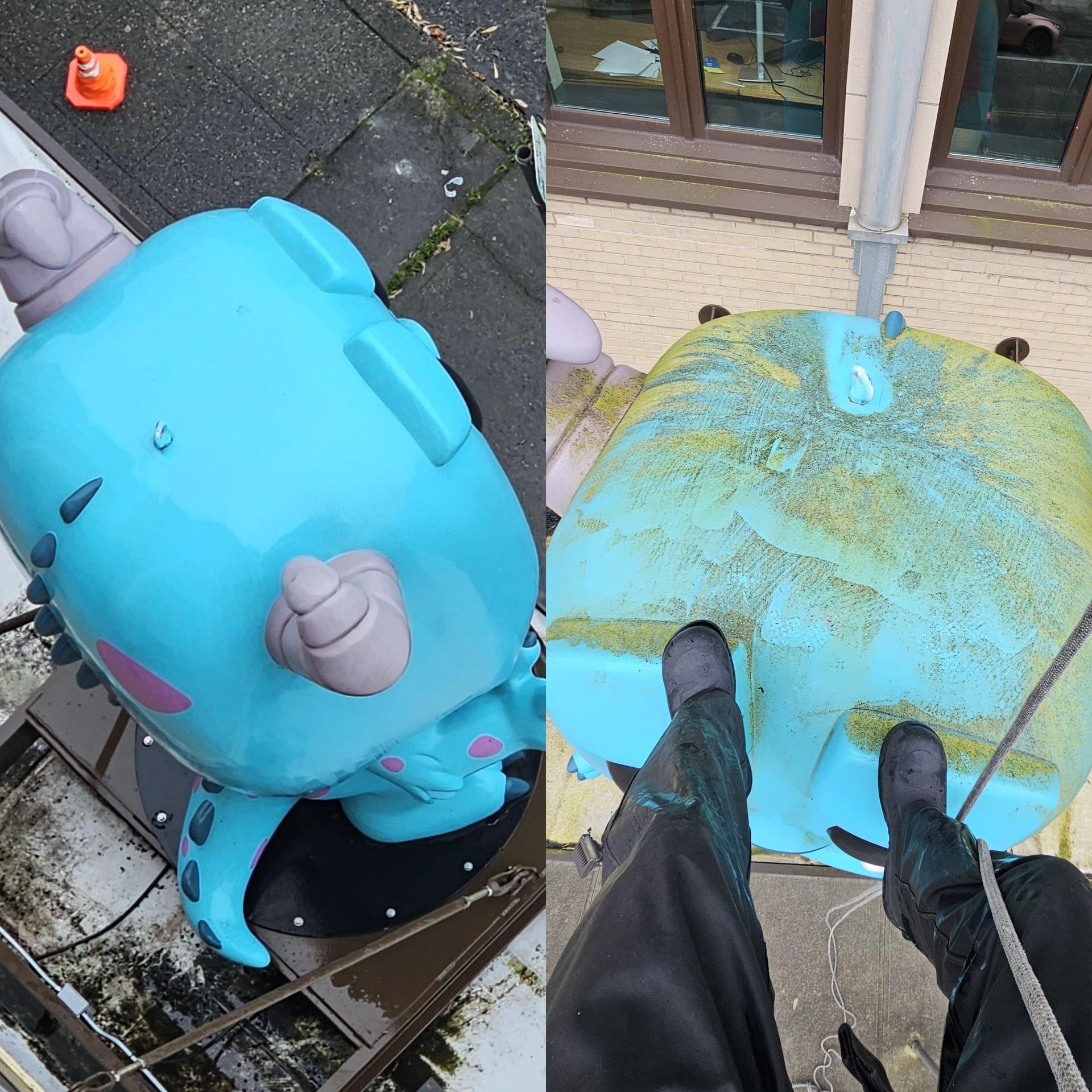Person in a yellow vest pressure washing a concrete surface.