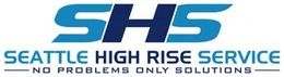Logo for Seattle High Rise Service.  "SHS" in blue and teal text over "Seattle High Rise Service".  "No problems only solutions".