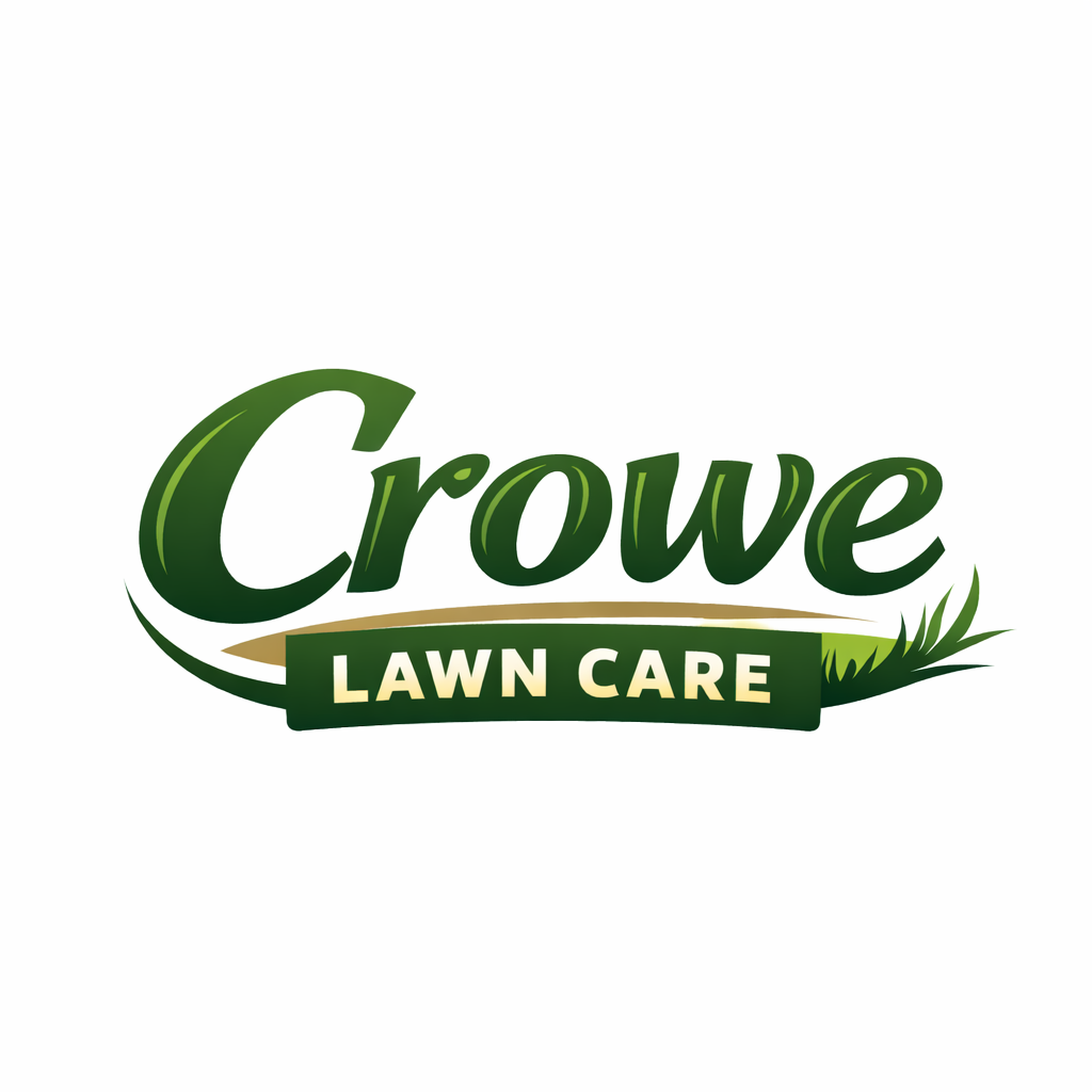 Crowe Lawn Care logo: green text, curved and shaded, above a green rectangle with 