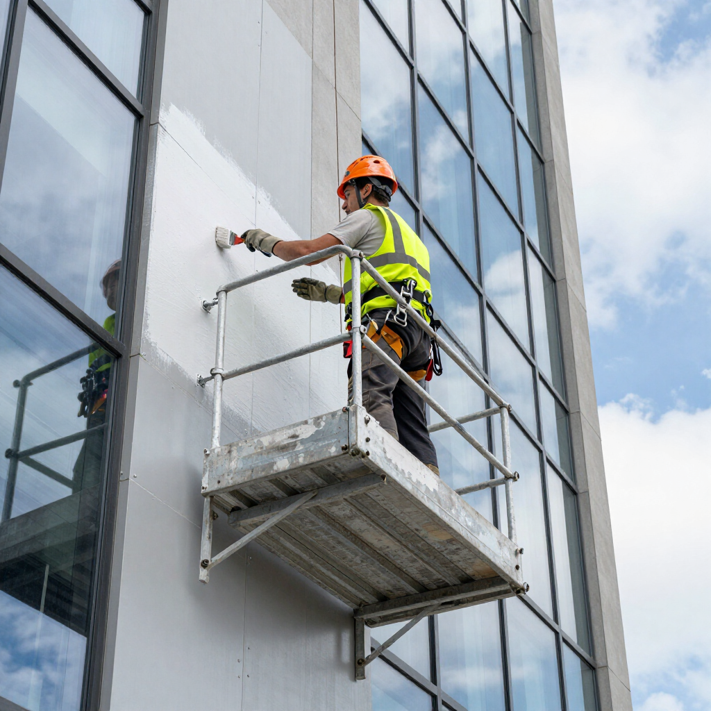 Un trabajador con chaleco reflectante y casco pinta una pared exterior blanca desde una plataforma de trabajo suspendida.
