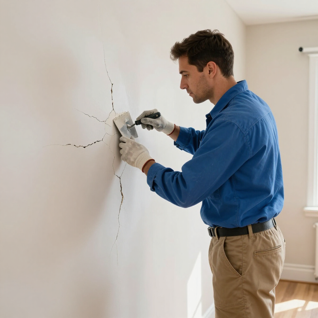 Una persona una espátula para reparar grietas en una pared interior de color claro.