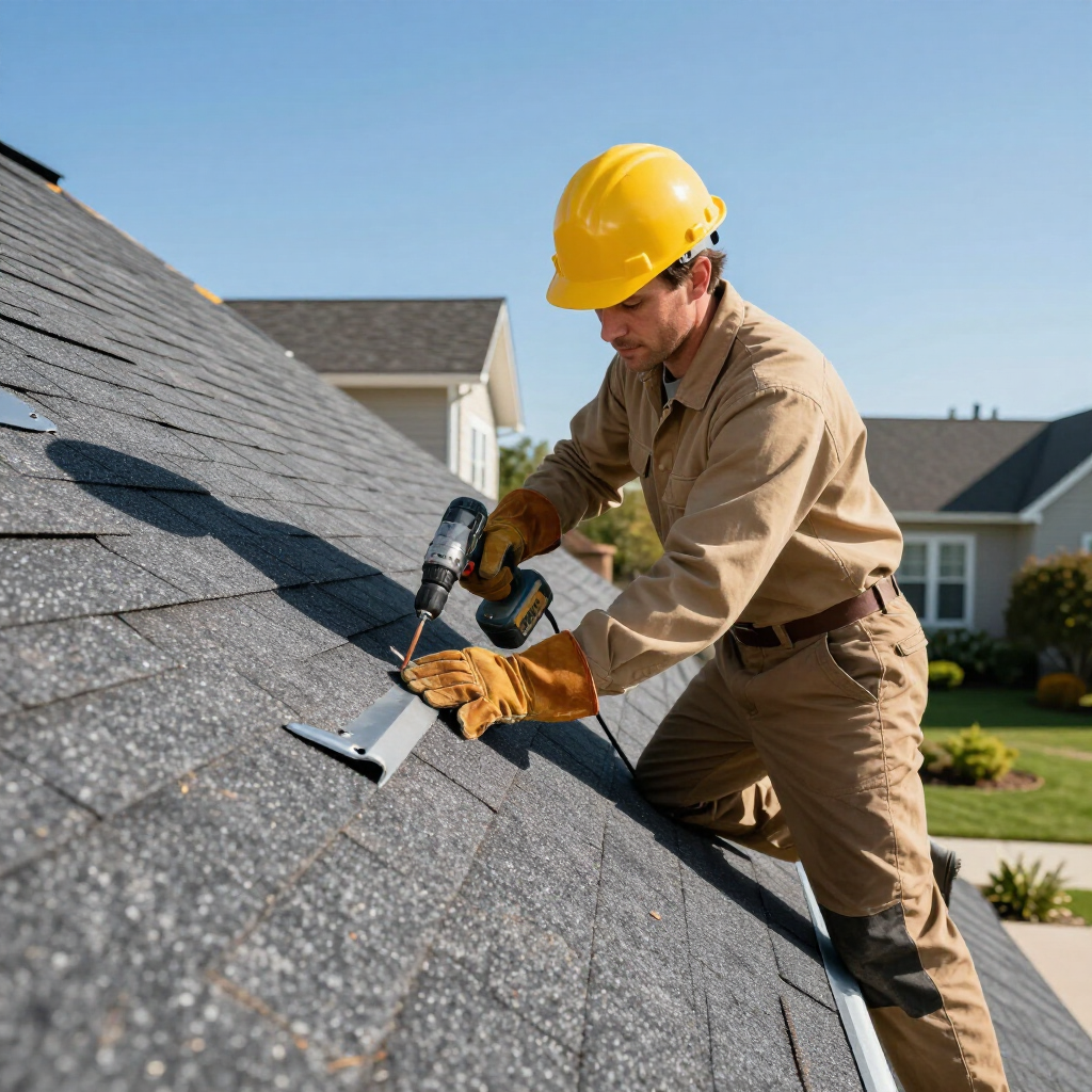 Un trabajador con casco amarillo y guantes protectores utiliza un taladro inalámbrico en un techo