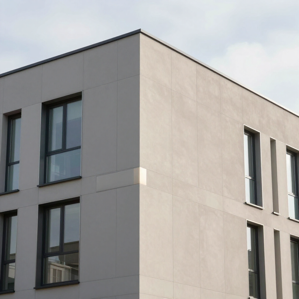 Vista de la esquina de un edificio moderno con paredes revestidas de paneles grises y ventanas verticales