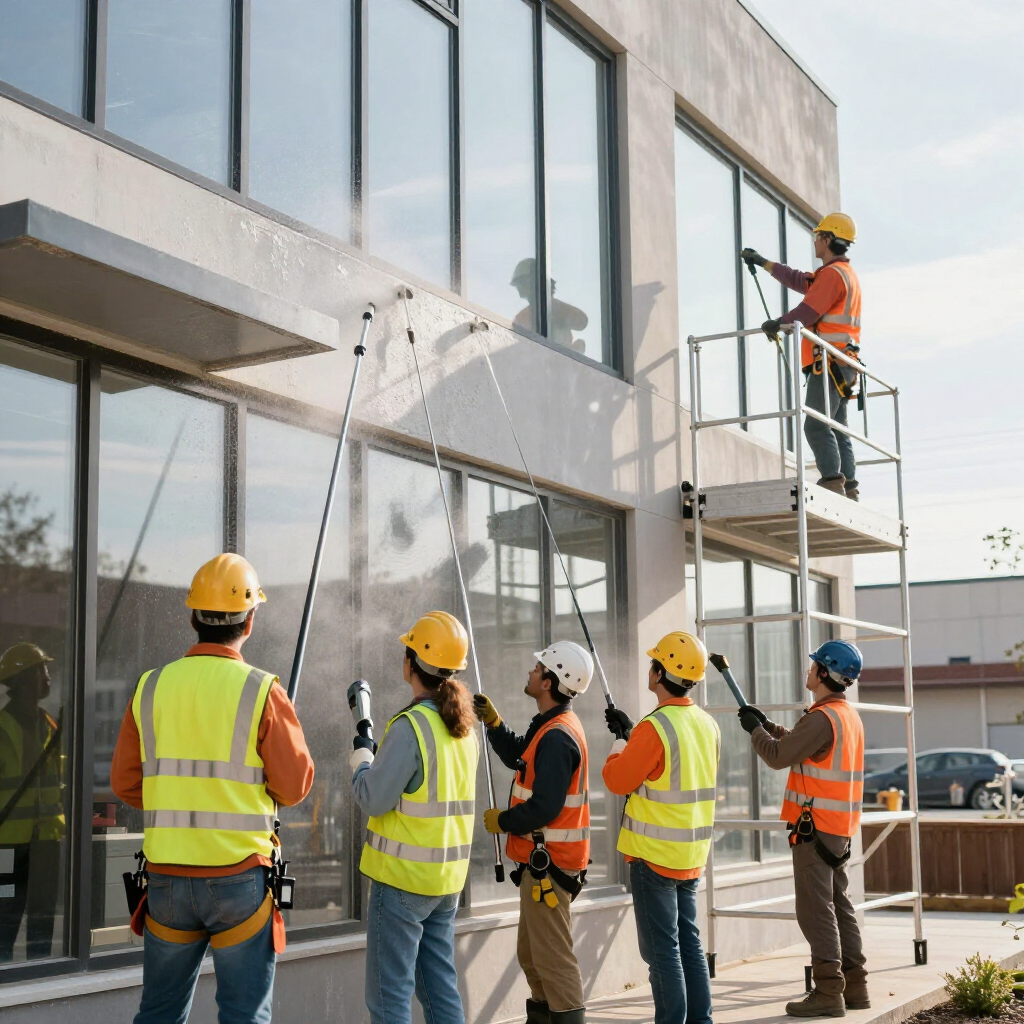 Seis trabajadores, equipados, utilizan pértigas de limpieza especializadas para lavar los cristales exteriores del edificio.