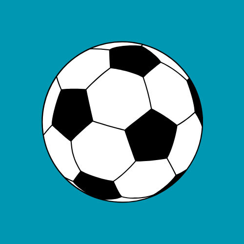Soccer ball with black and white pentagons and hexagons on a teal background.