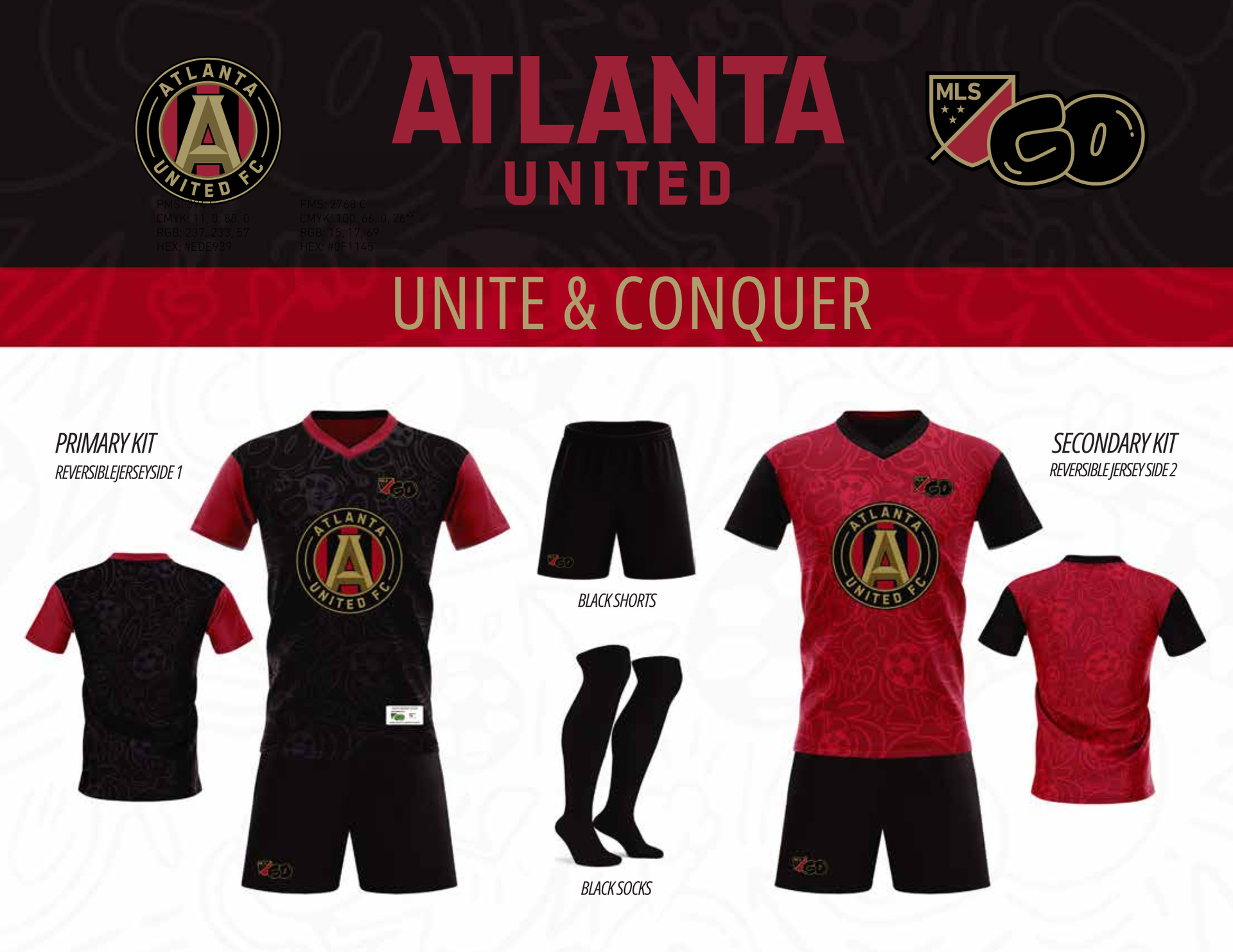 Atlanta United soccer jerseys: black and red, with logo and team name. Unite & Conquer slogan.