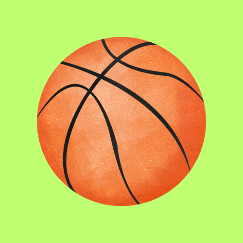 Orange basketball with black lines against a green background.
