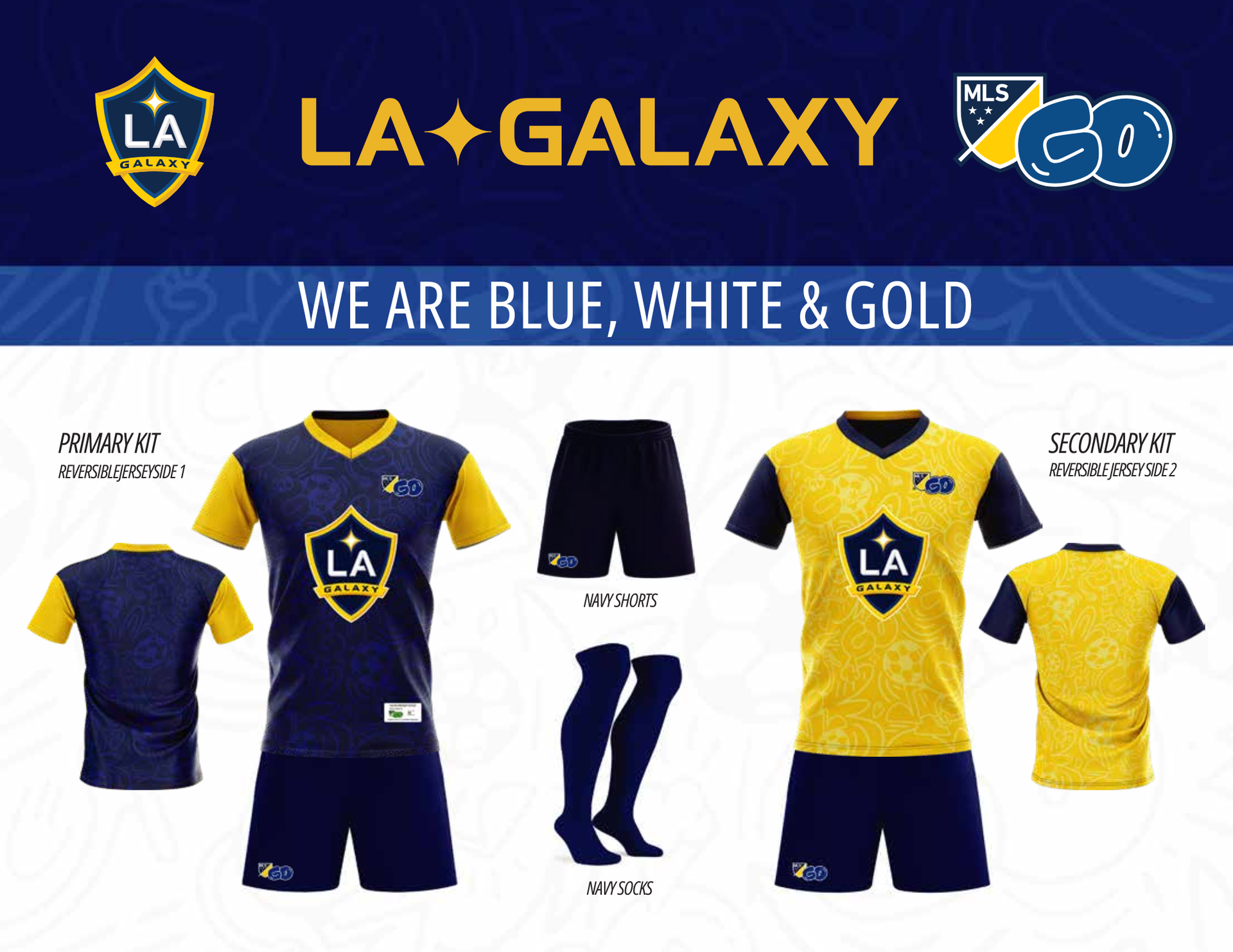 LA Galaxy soccer kits in blue, white, and gold, including jerseys, shorts, and socks.