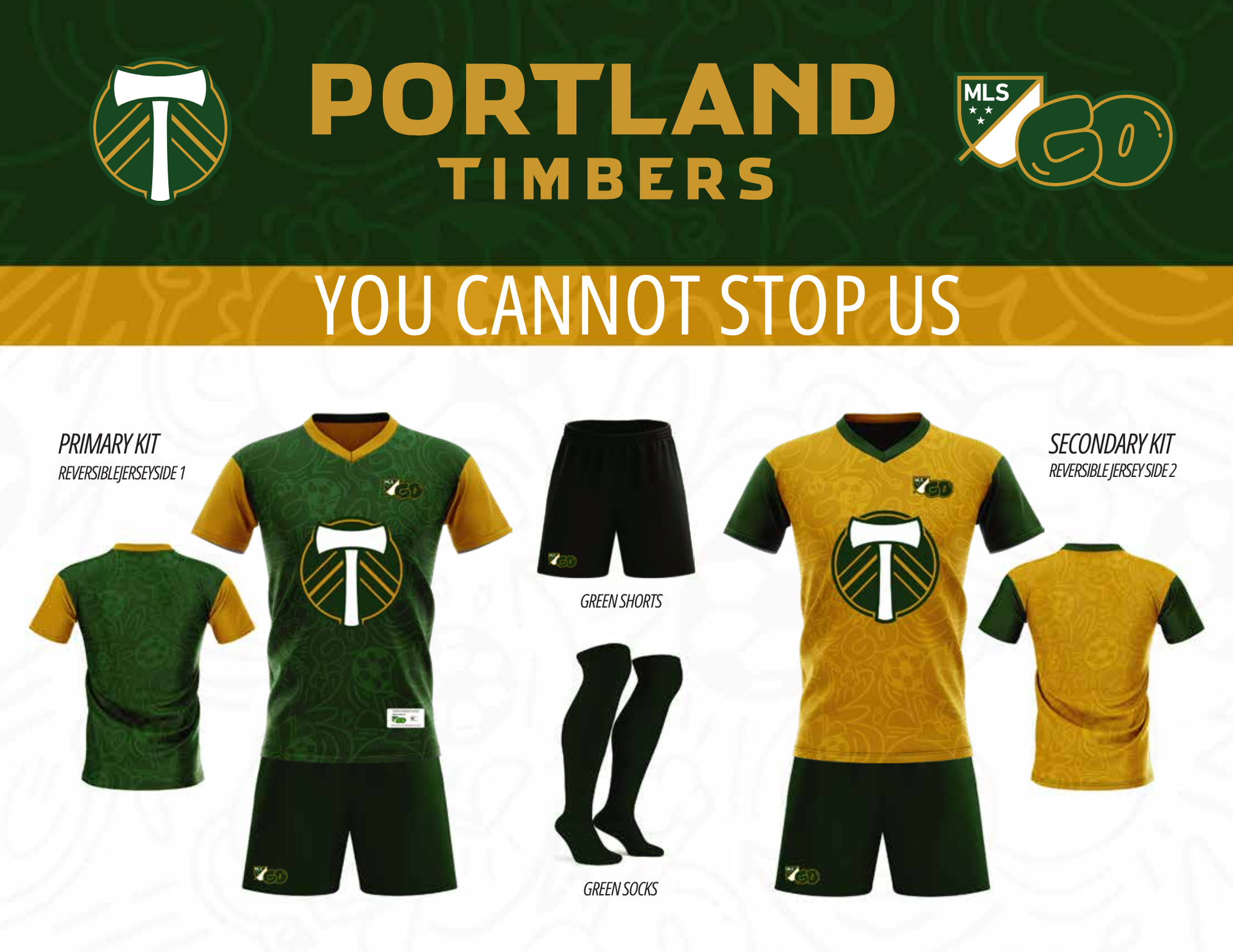 Portland Timbers soccer kit options: green and yellow jerseys, shorts, socks, and club logo.