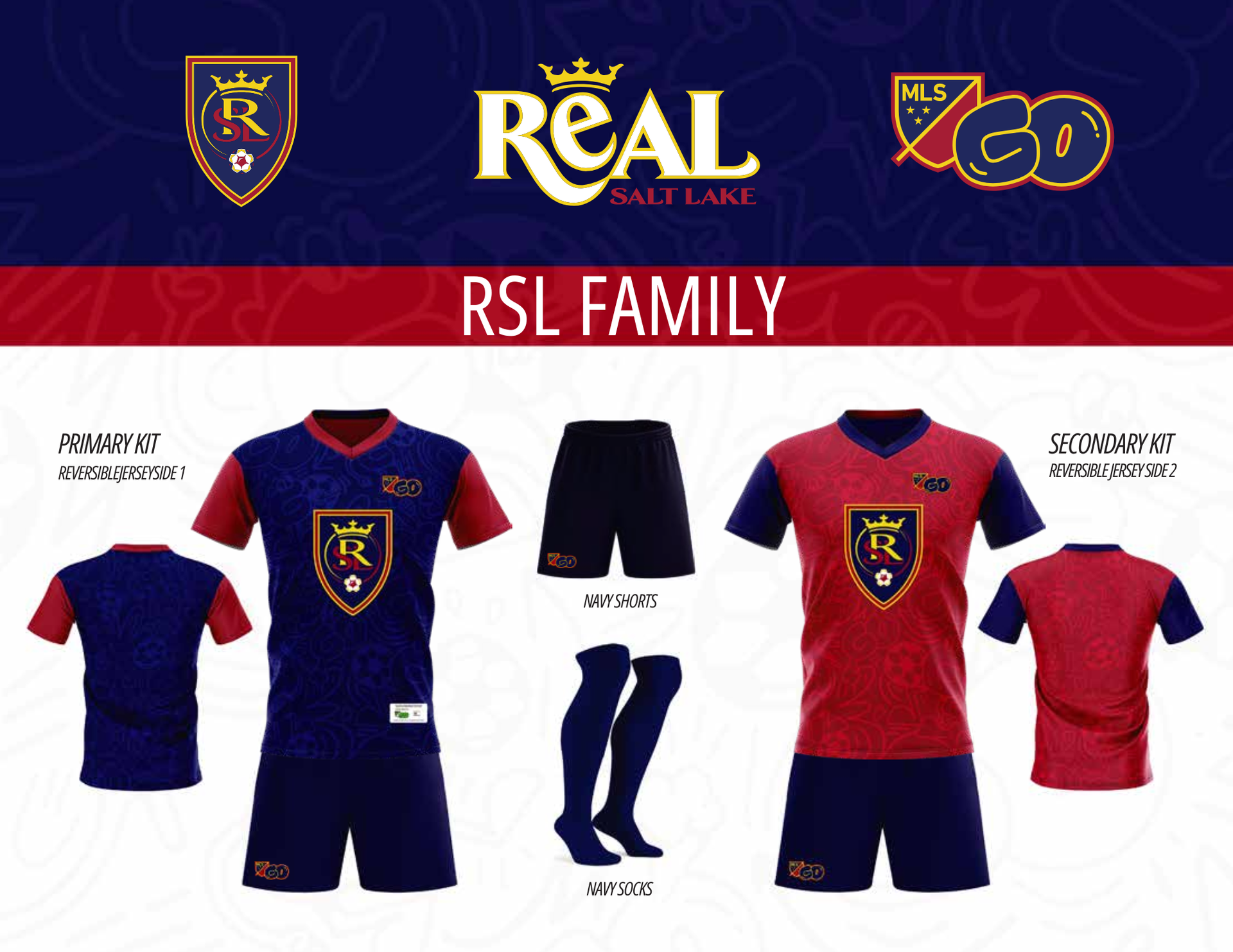 Real Salt Lake soccer team jersey family in navy and red, with logo and team gear.