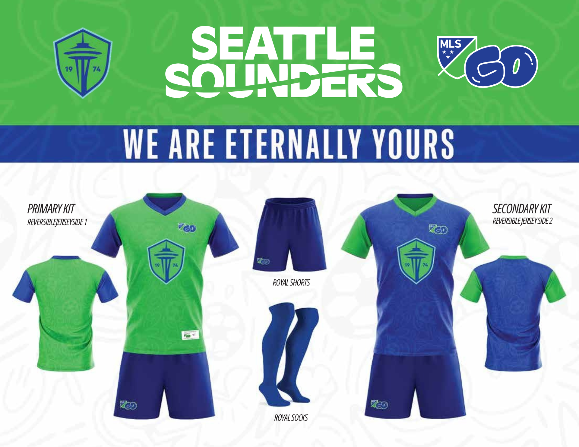 Seattle Sounders soccer kits: green/blue jerseys, navy shorts/socks. 