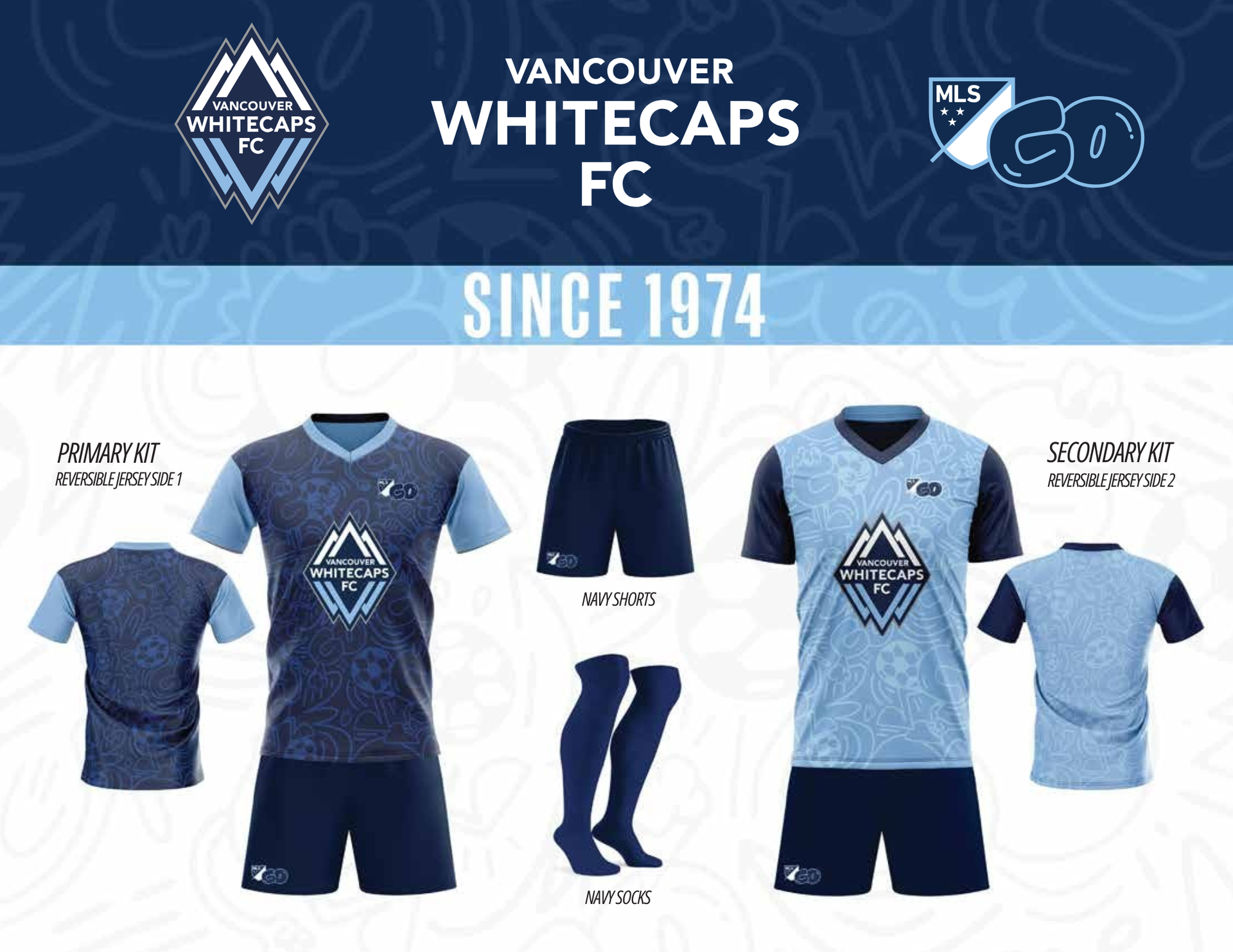 Vancouver Whitecaps FC jerseys and kit in blue, with team logos and MLS badge.
