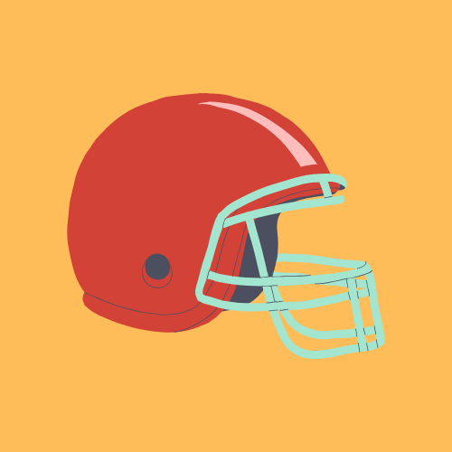 Red football helmet with a light blue facemask on an orange background.