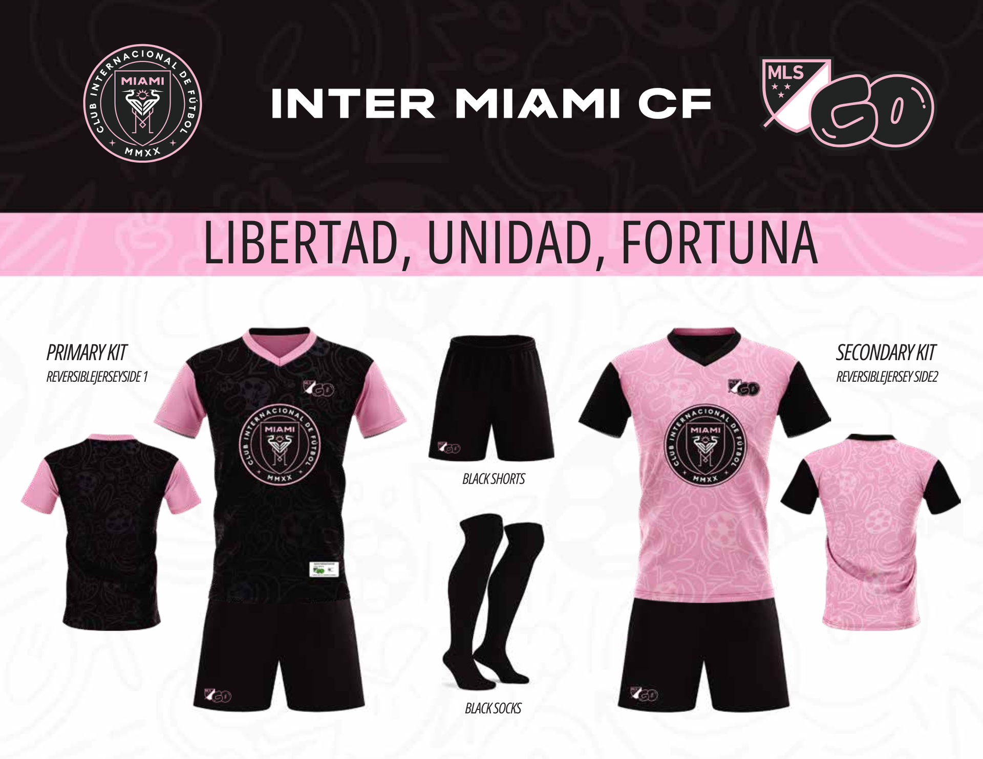 Inter Miami CF jersey designs: black kit with pink accents, and pink kit with black accents, with team logo and text.