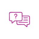 Two magenta speech bubbles, one with a question mark, the other with lines.