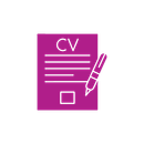 Purple CV document with lines, “CV” at top, and a pen next to it.