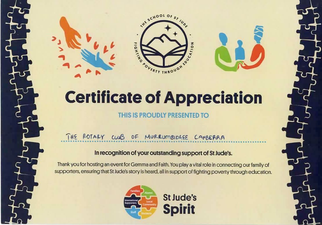 A Certificate of Appreciation for the Rotary Club awarded for supporting St. Jude’s.