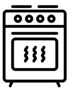 A black and white icon of an oven with steam coming out of it.