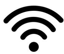 A black and white icon of a wifi signal on a white background.