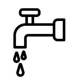 A black and white icon of a faucet with water drops coming out of it.